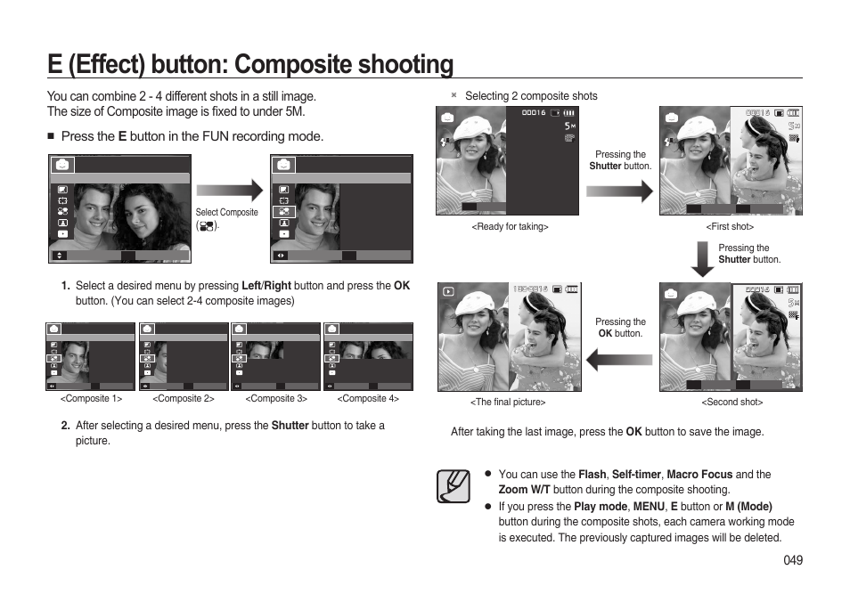 E (effect) button: composite shooting, Press the e button in the fun recording mode | Samsung i8 (User Manual) User Manual | Page 50 / 136