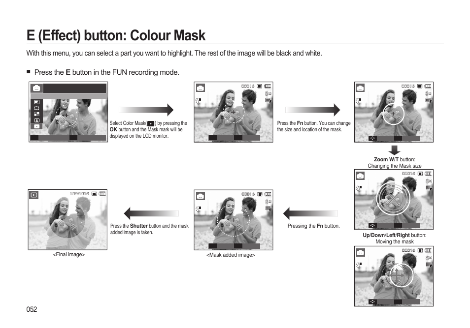 E (effect) button: colour mask, Press the e button in the fun recording mode | Samsung i8 (User Manual) User Manual | Page 53 / 136