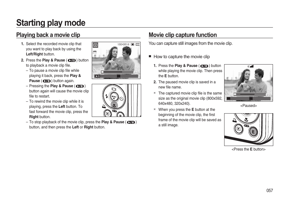 Starting play mode, Playing back a movie clip, Movie clip capture function | Samsung i8 (User Manual) User Manual | Page 58 / 136