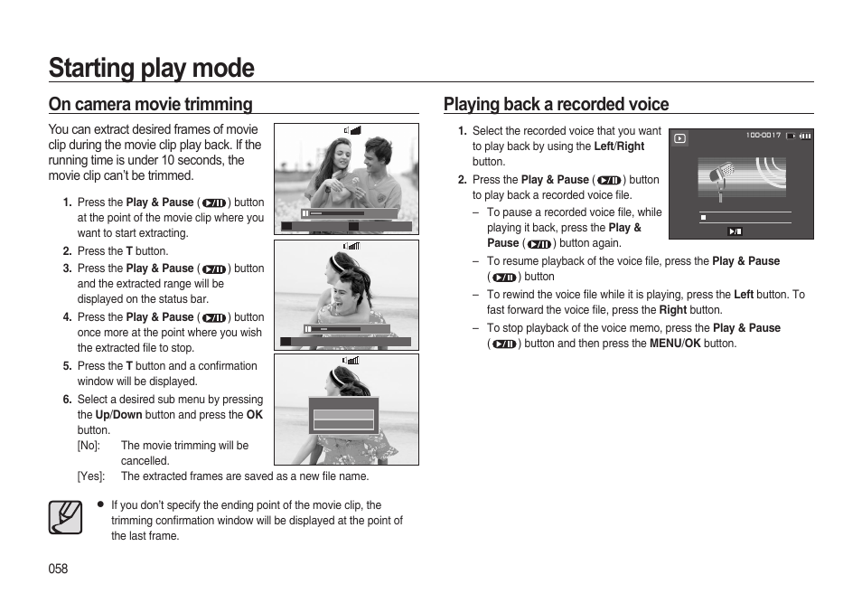 Starting play mode, On camera movie trimming, Playing back a recorded voice | Samsung i8 (User Manual) User Manual | Page 59 / 136