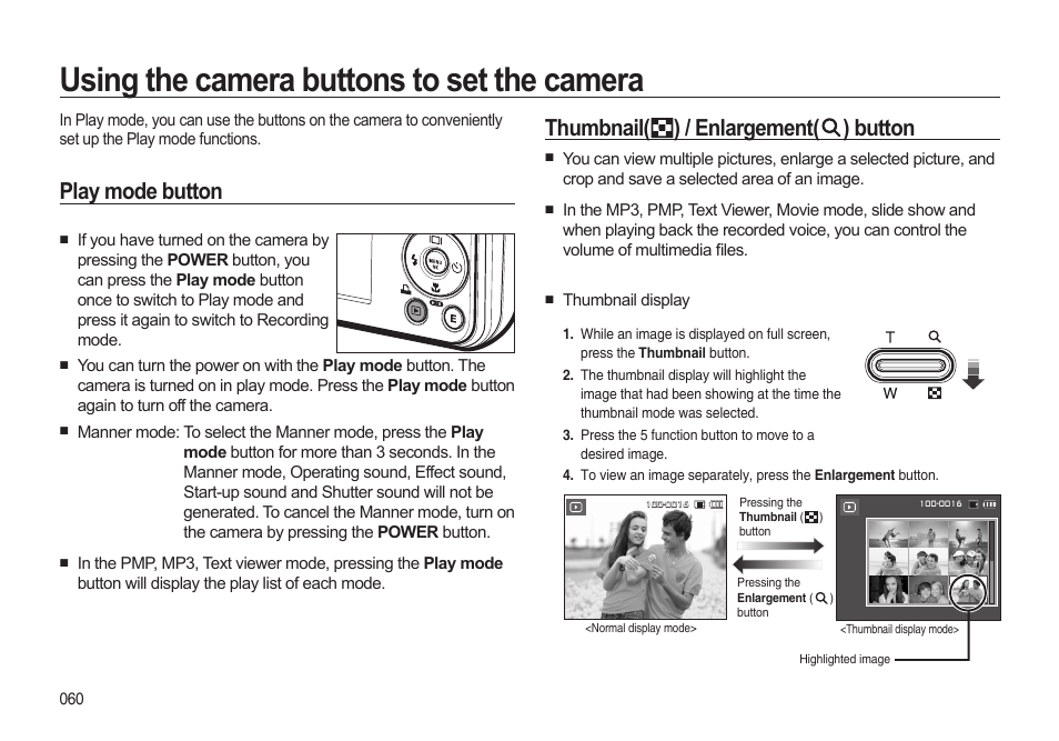 Using the camera buttons to set the camera, Thumbnail( ) / enlargement( ) button, Play mode button | Thumbnail display | Samsung i8 (User Manual) User Manual | Page 61 / 136