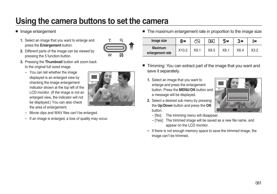 Using the camera buttons to set the camera | Samsung i8 (User Manual) User Manual | Page 62 / 136