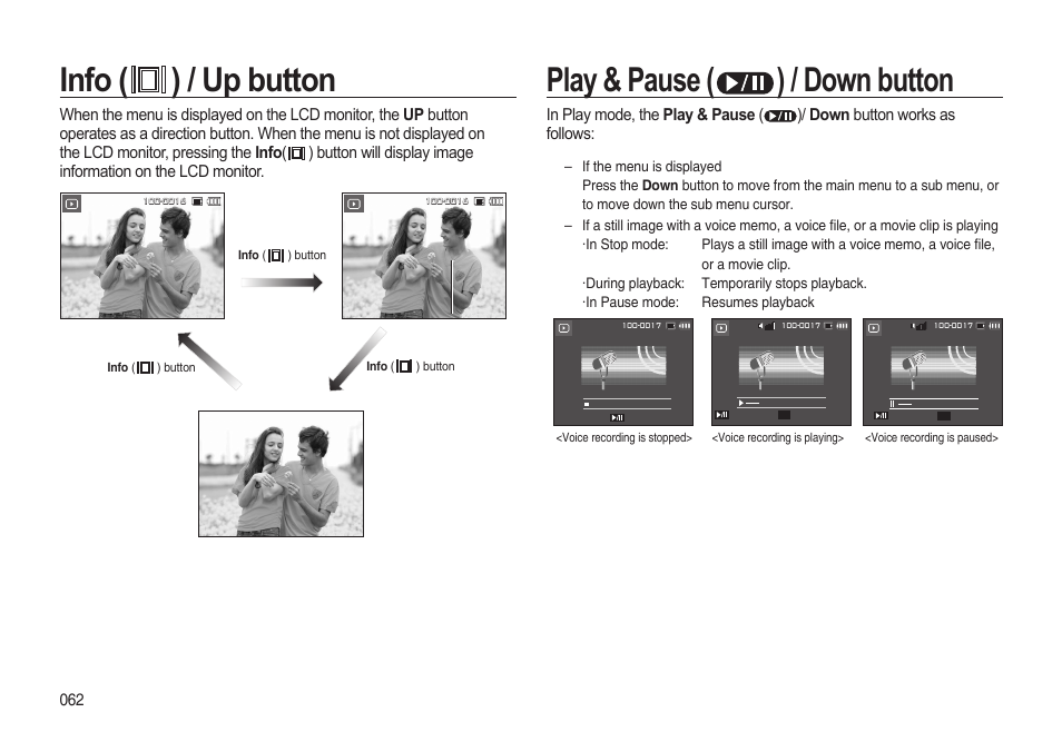 Info ( ) / up button, Play & pause ( ) / down button | Samsung i8 (User Manual) User Manual | Page 63 / 136