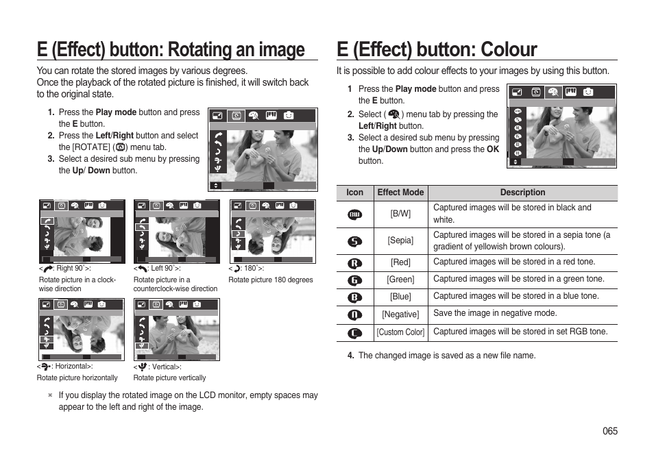 E (effect) button: rotating an image, E (effect) button: colour | Samsung i8 (User Manual) User Manual | Page 66 / 136