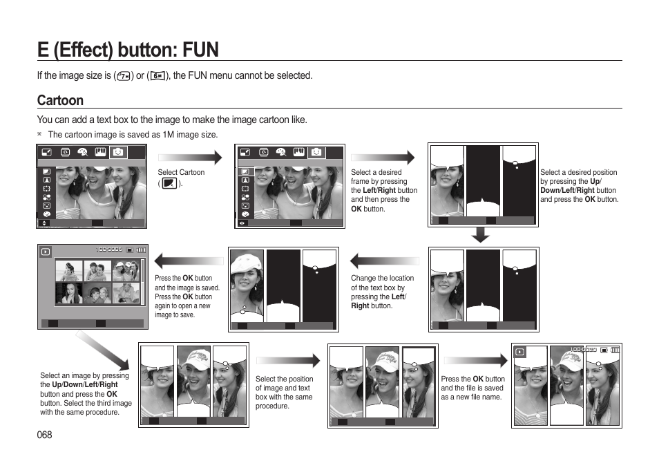 E (effect) button: fun, Cartoon, The cartoon image is saved as 1m image size | Samsung i8 (User Manual) User Manual | Page 69 / 136