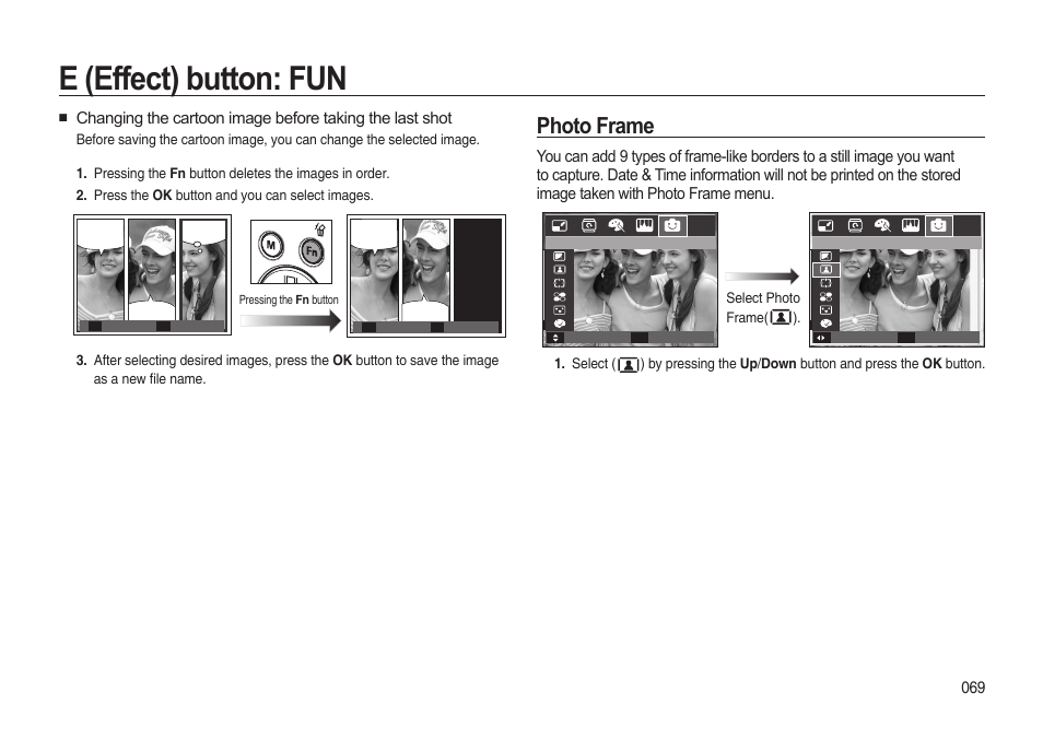 E (effect) button: fun, Photo frame | Samsung i8 (User Manual) User Manual | Page 70 / 136