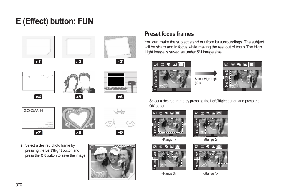 E (effect) button: fun, Preset focus frames | Samsung i8 (User Manual) User Manual | Page 71 / 136