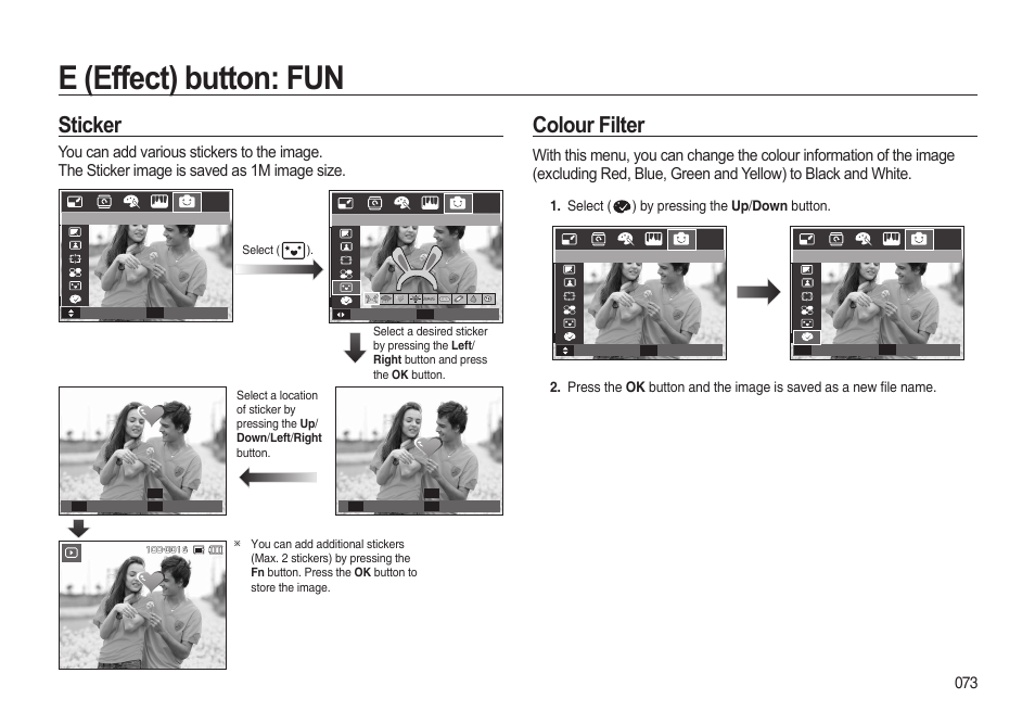 E (effect) button: fun, Colour filter, Sticker | Samsung i8 (User Manual) User Manual | Page 74 / 136