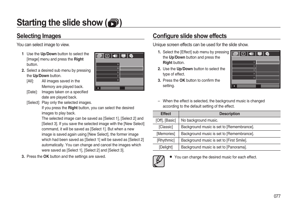 Starting the slide show ( ), Selecting images, Confi gure slide show effects | Samsung i8 (User Manual) User Manual | Page 78 / 136