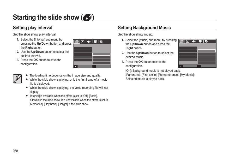 Starting the slide show ( ), Setting play interval, Setting background music | Set the slide show play interval, Set the slide show music | Samsung i8 (User Manual) User Manual | Page 79 / 136