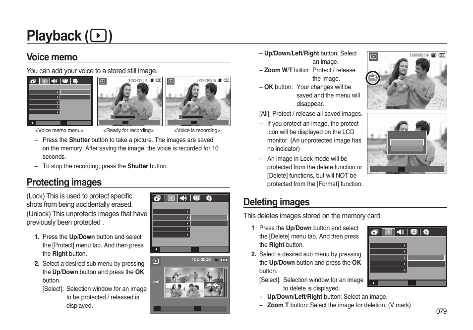 Playback ( ), Protecting images, Deleting images | You can add your voice to a stored still image | Samsung i8 (User Manual) User Manual | Page 80 / 136