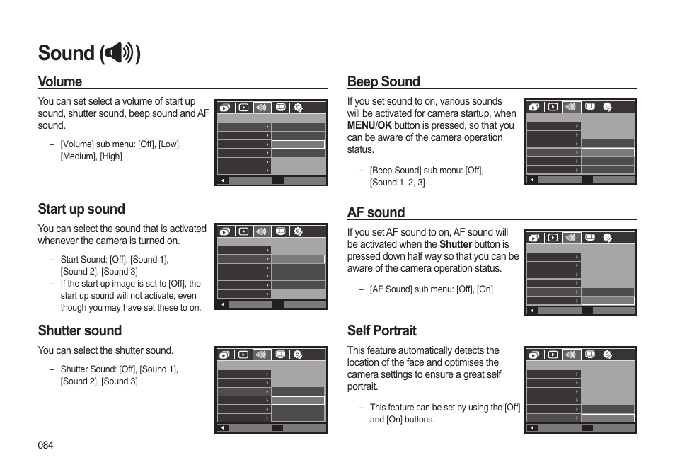 Sound ( ), Volume, Start up sound | Shutter sound, Beep sound, Af sound, Self portrait, You can select the shutter sound | Samsung i8 (User Manual) User Manual | Page 85 / 136