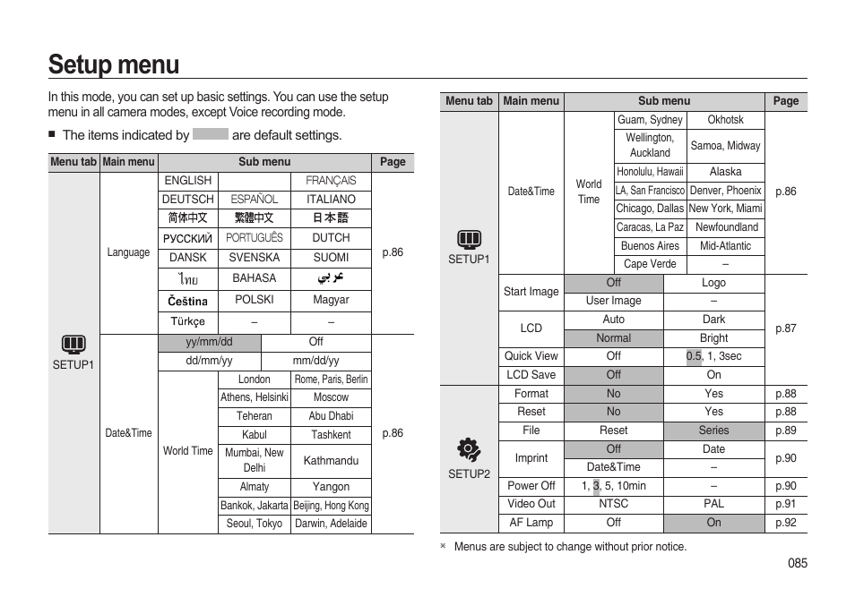 Setup menu | Samsung i8 (User Manual) User Manual | Page 86 / 136