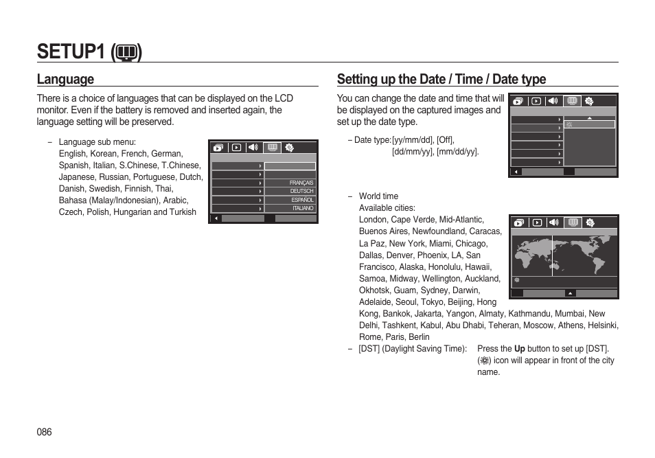 Setup1 ( ), Language, Setting up the date / time / date type | Samsung i8 (User Manual) User Manual | Page 87 / 136