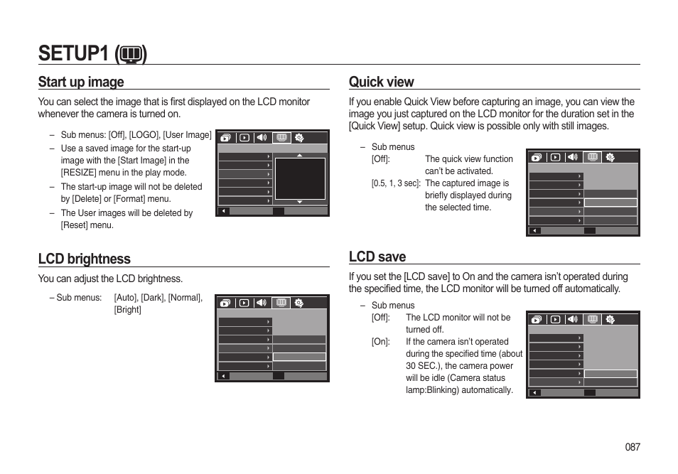 Setup1 ( ), Start up image, Lcd brightness | Quick view, Lcd save, You can adjust the lcd brightness | Samsung i8 (User Manual) User Manual | Page 88 / 136