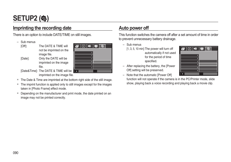 Setup2 ( ), Auto power off, Imprinting the recording date | Samsung i8 (User Manual) User Manual | Page 91 / 136