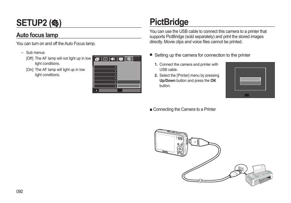 Pictbridge, Setup2 ( ), Auto focus lamp | Samsung i8 (User Manual) User Manual | Page 93 / 136