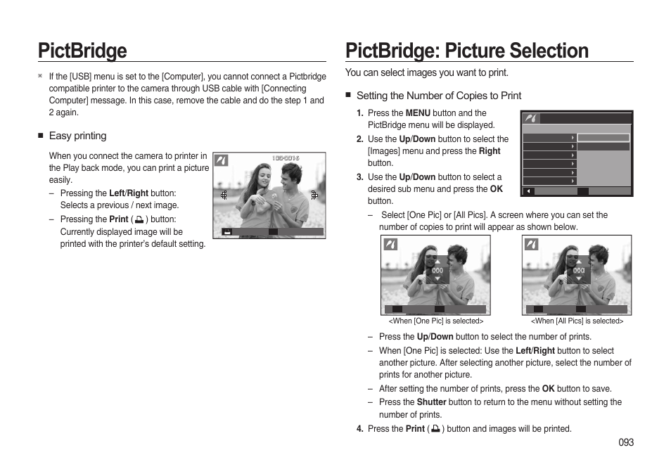 Pictbridge, Pictbridge: picture selection, Easy printing | You can select images you want to print, Setting the number of copies to print | Samsung i8 (User Manual) User Manual | Page 94 / 136