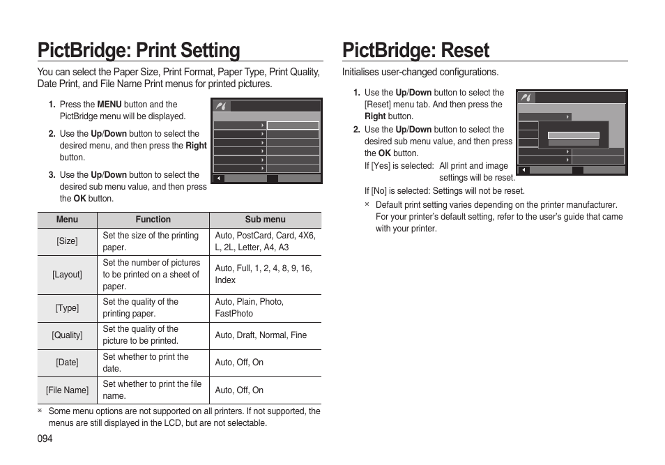 Pictbridge: print setting, Pictbridge: reset | Samsung i8 (User Manual) User Manual | Page 95 / 136