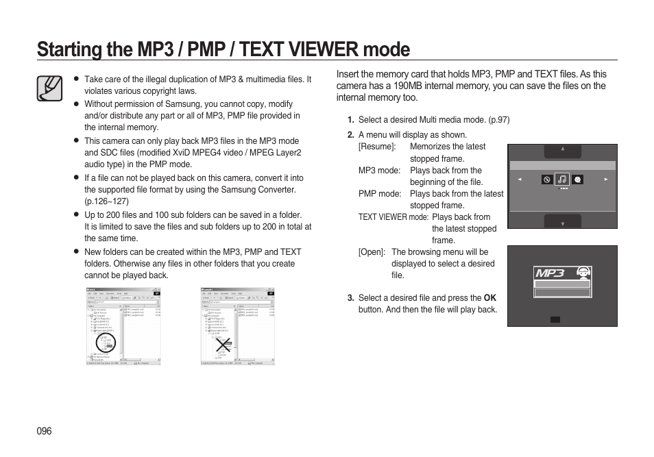 Starting the mp3 / pmp / text viewer mode | Samsung i8 (User Manual) User Manual | Page 97 / 136