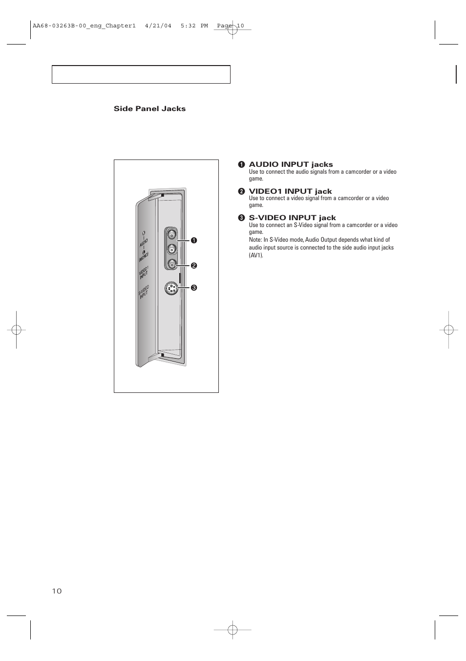 Side panel jacks | Samsung TXP2675WHX-XAA User Manual | Page 10 / 80