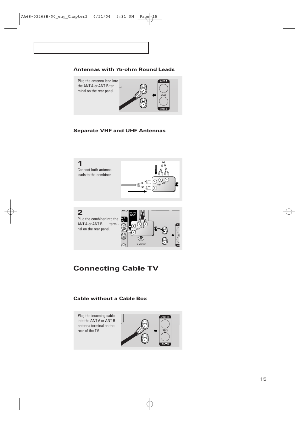 Antennas with 75-ohm round leads, Separate vhf and uhf antennas, Connecting cable tv | Cable without a cable box | Samsung TXP2675WHX-XAA User Manual | Page 15 / 80