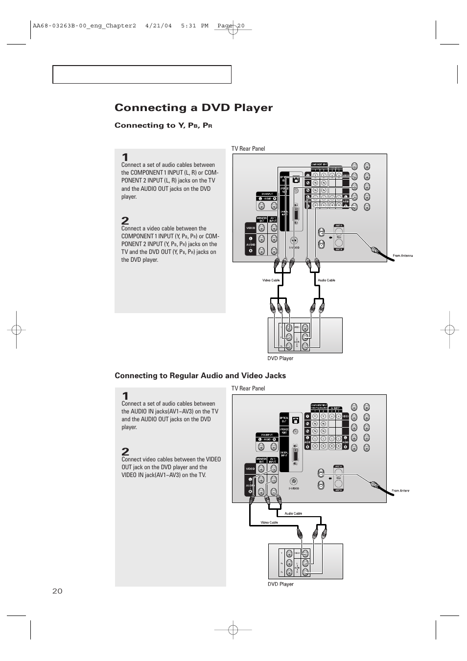 Connecting a dvd player, Connecting to y, pb, pr, Connecting to regular audio and video jacks | Samsung TXP2675WHX-XAA User Manual | Page 20 / 80