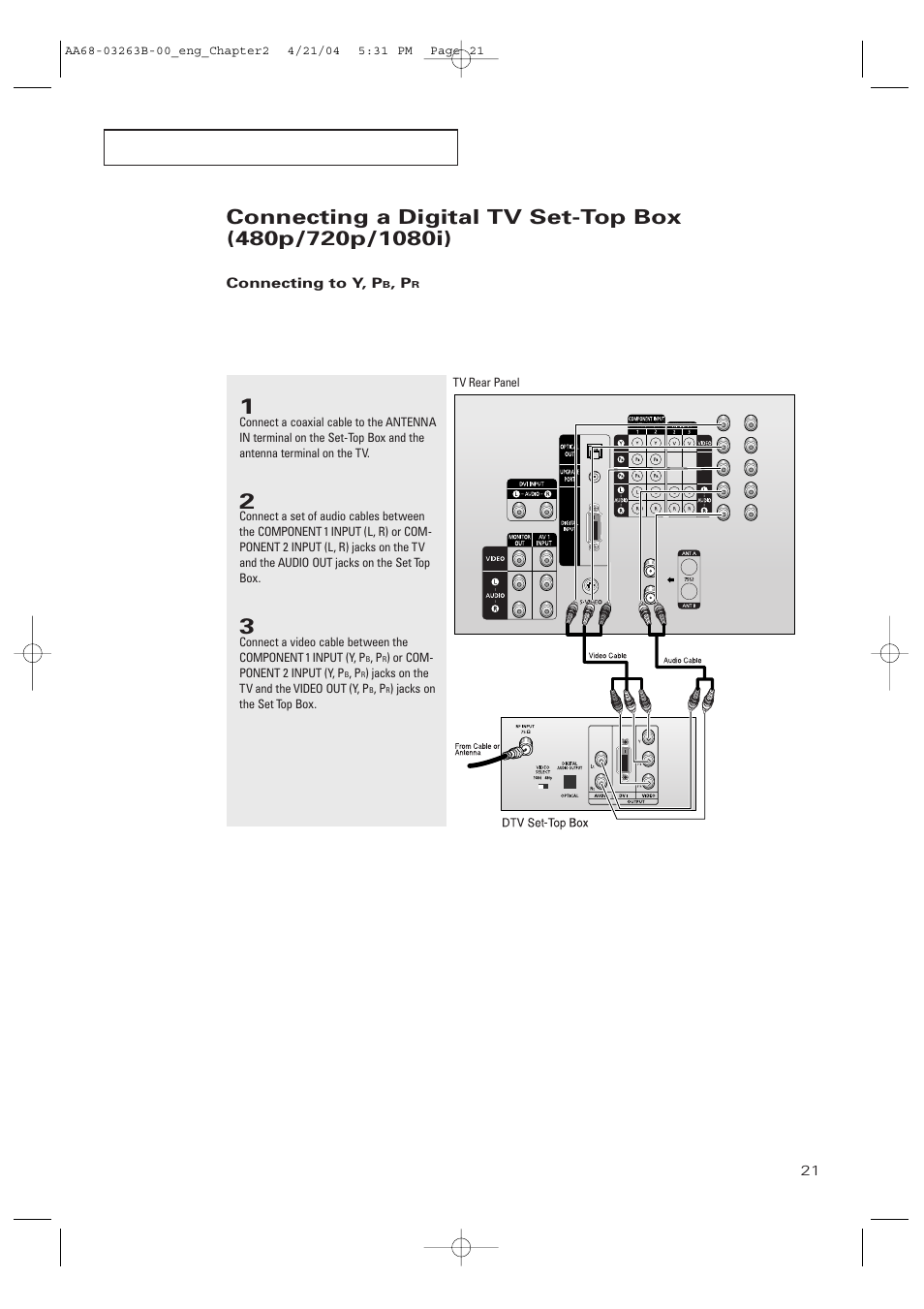 Connecting to y, pb, pr | Samsung TXP2675WHX-XAA User Manual | Page 21 / 80