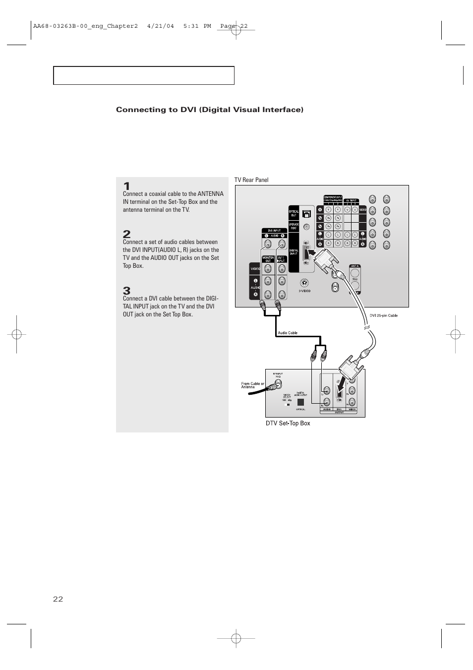Connecting to dvi (digital visual interface) | Samsung TXP2675WHX-XAA User Manual | Page 22 / 80