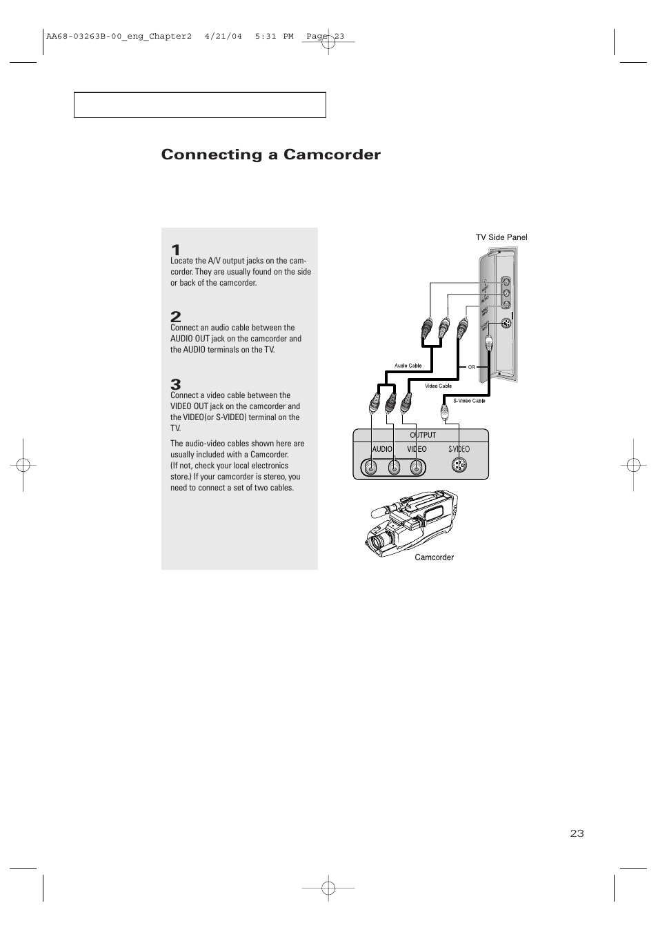 Connecting a camcorder | Samsung TXP2675WHX-XAA User Manual | Page 23 / 80