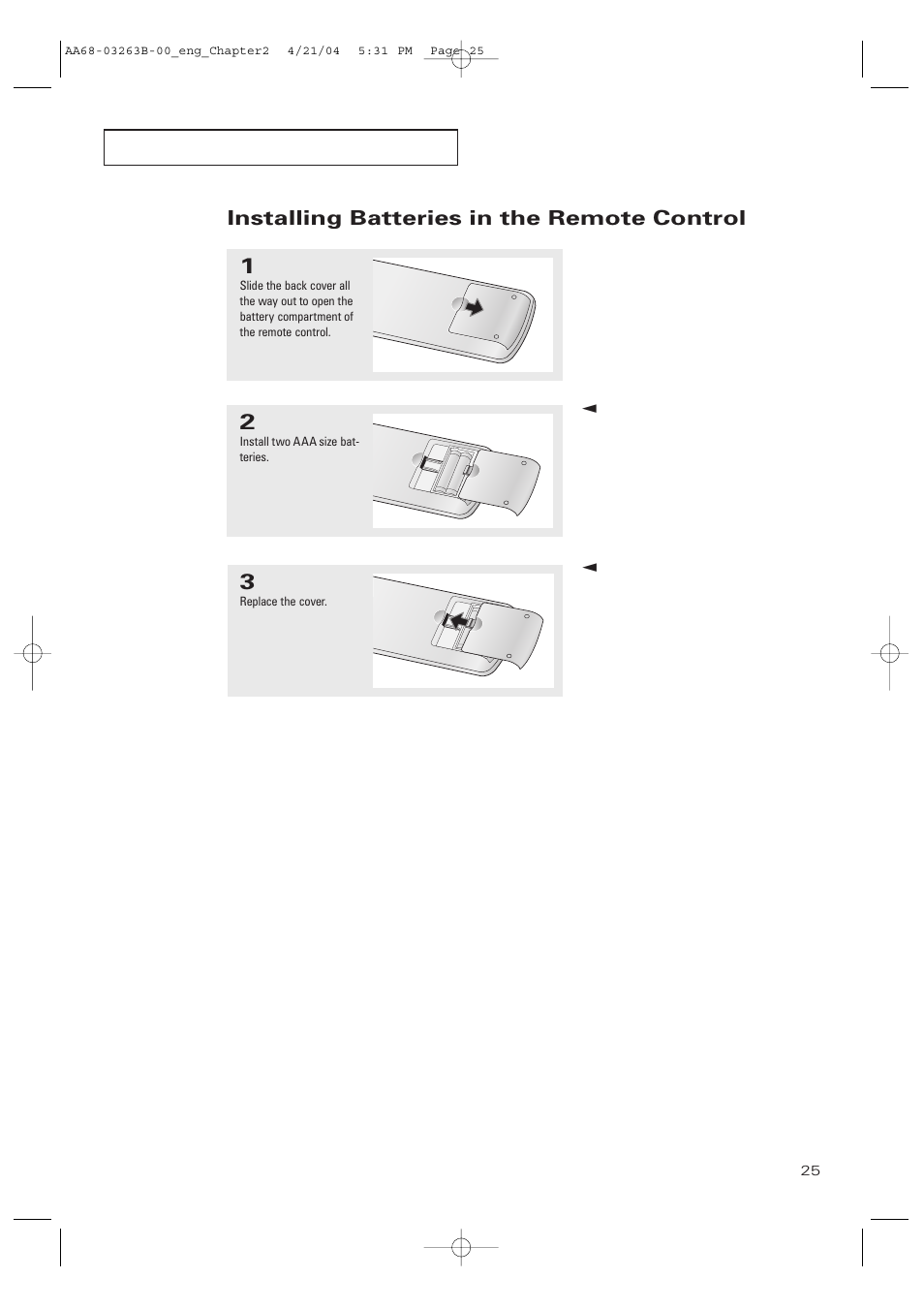 Installing batteries in the remote control | Samsung TXP2675WHX-XAA User Manual | Page 25 / 80