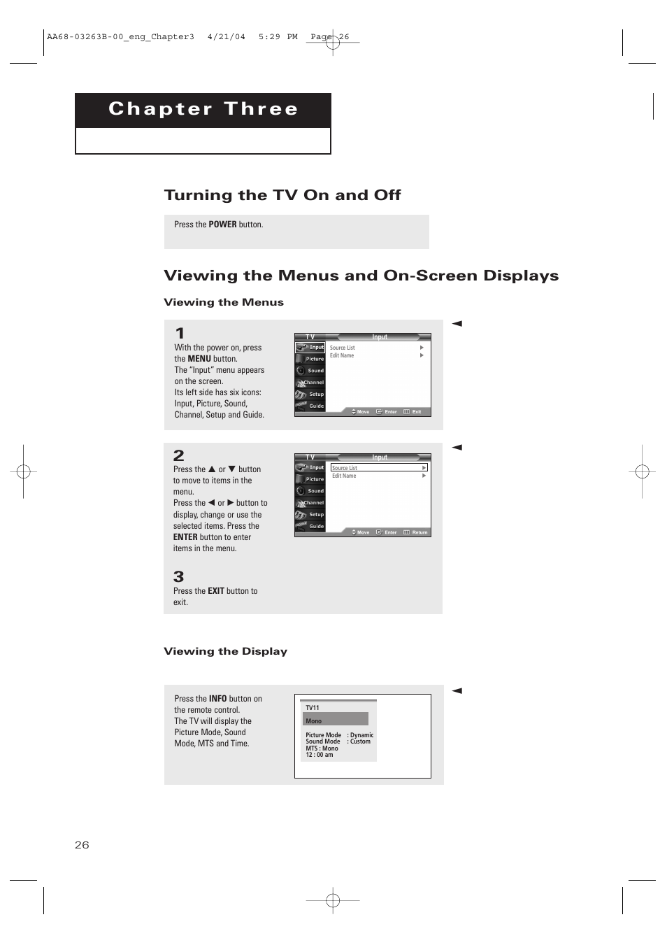 Chapter 3: operation, Turning the tv on and off, Viewing the menus and on-screen displays | Viewing the menus, Viewing the display | Samsung TXP2675WHX-XAA User Manual | Page 26 / 80