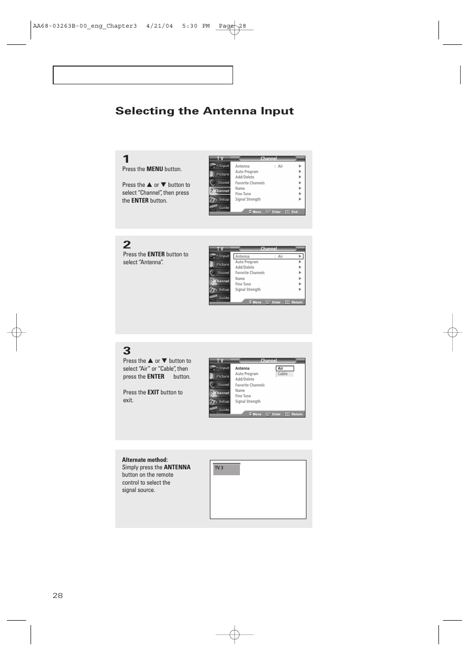 Selecting the antenna input, P e r at i o n | Samsung TXP2675WHX-XAA User Manual | Page 28 / 80