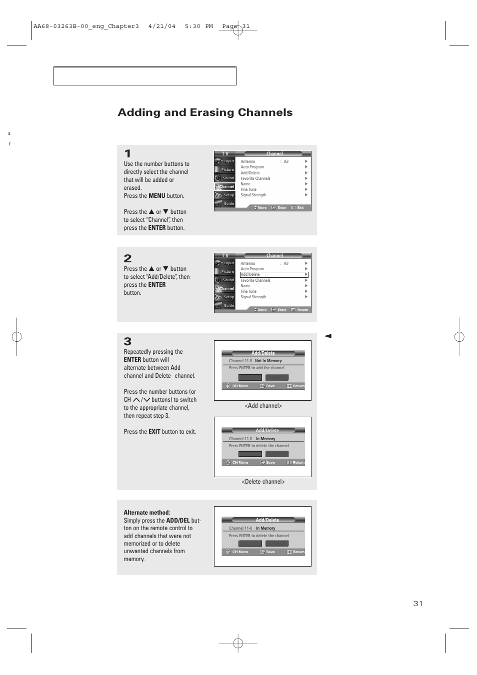 Adding and erasing channels, P e r at i o n | Samsung TXP2675WHX-XAA User Manual | Page 31 / 80