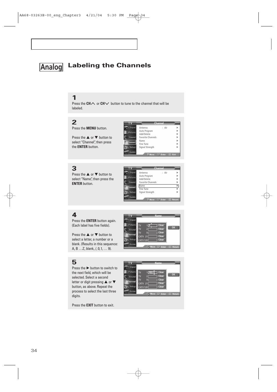 Labeling the channels, Analog, P e r at i o n | Samsung TXP2675WHX-XAA User Manual | Page 34 / 80