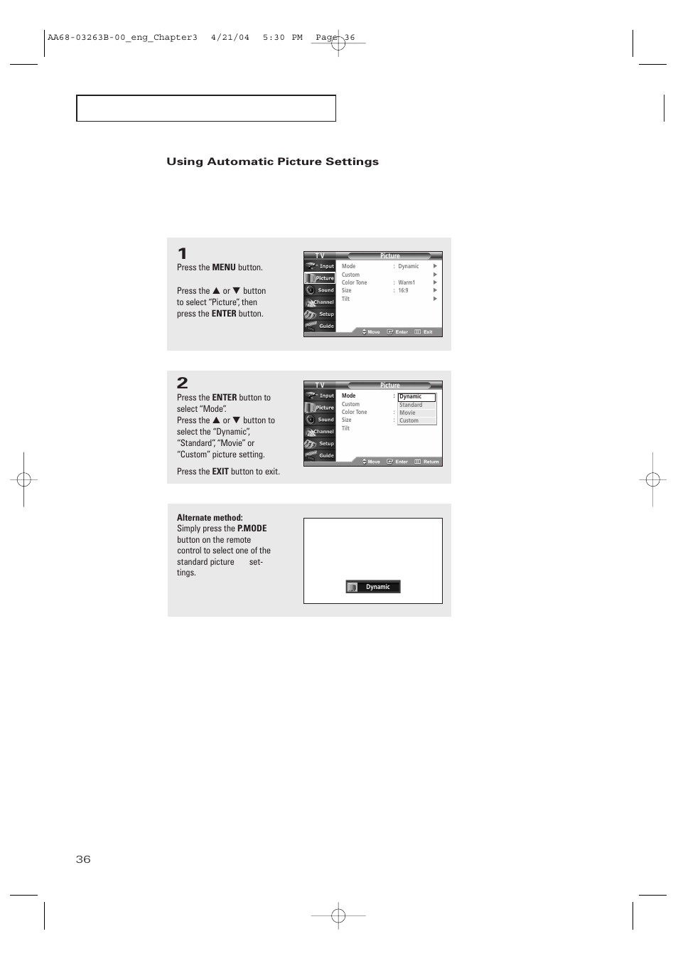 Using automatic picture settings | Samsung TXP2675WHX-XAA User Manual | Page 36 / 80