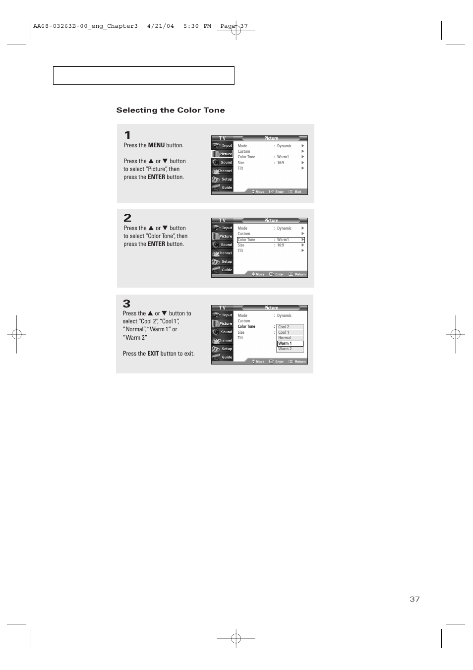 Selecting the color tone, P e r at i o n | Samsung TXP2675WHX-XAA User Manual | Page 37 / 80