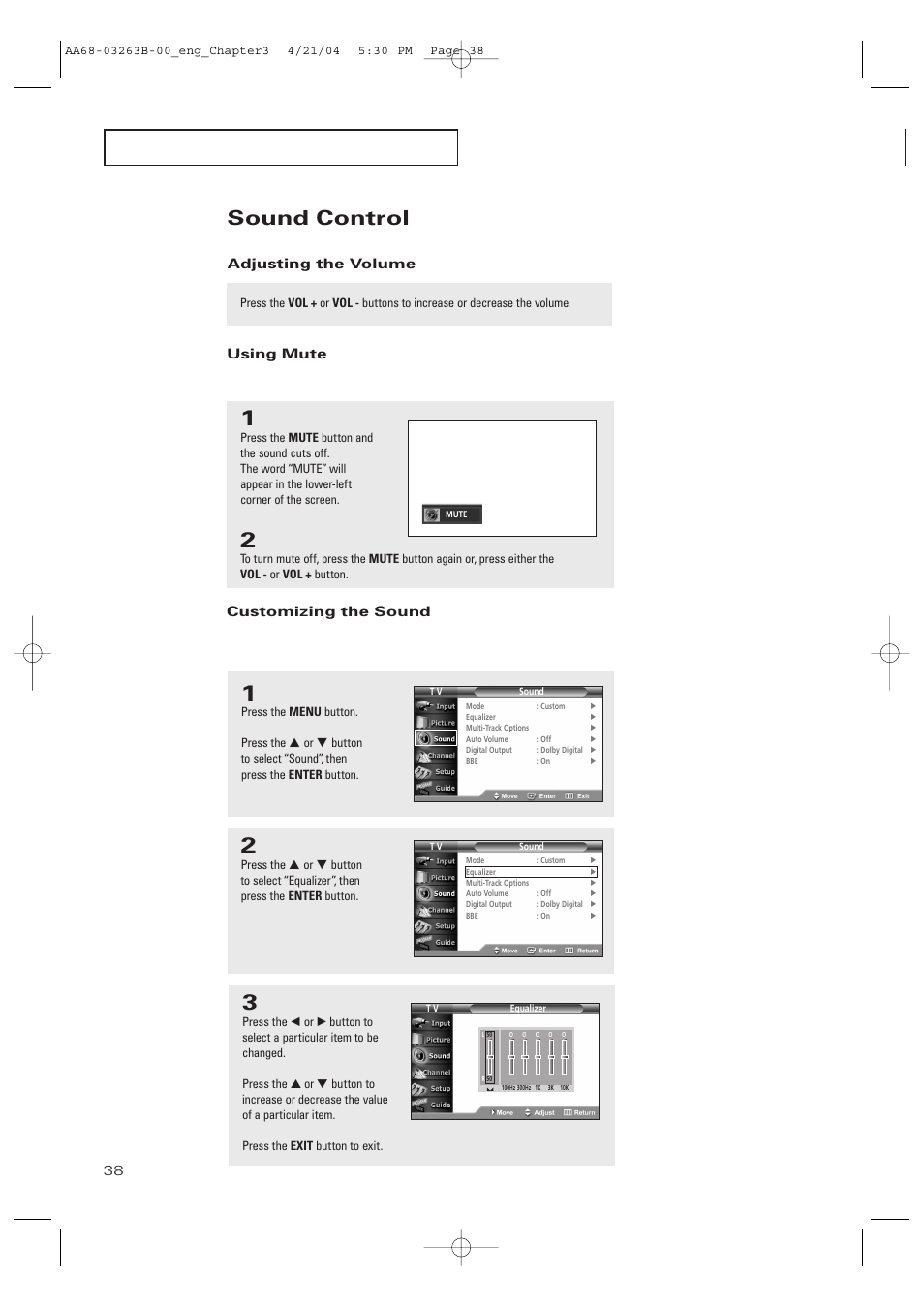 Sound control, Adjusting the volume, Using mute | Customizing the sound | Samsung TXP2675WHX-XAA User Manual | Page 38 / 80