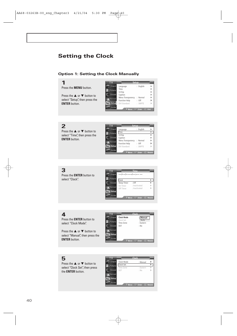 Setting the clock, Option 1: setting the clock manually, P e r at i o n | Samsung TXP2675WHX-XAA User Manual | Page 40 / 80