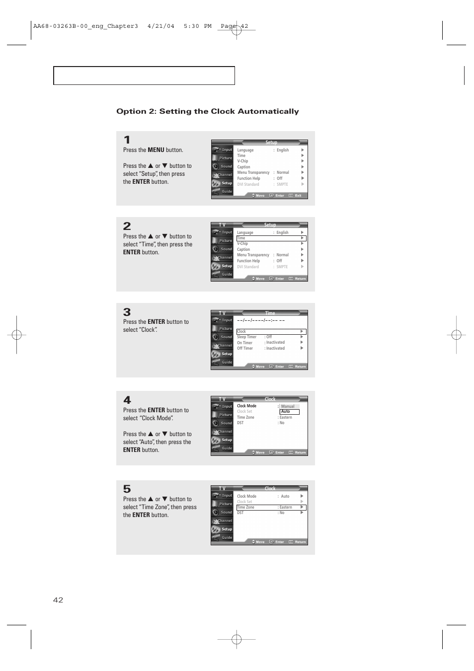 Option 2: setting the clock automatically | Samsung TXP2675WHX-XAA User Manual | Page 42 / 80