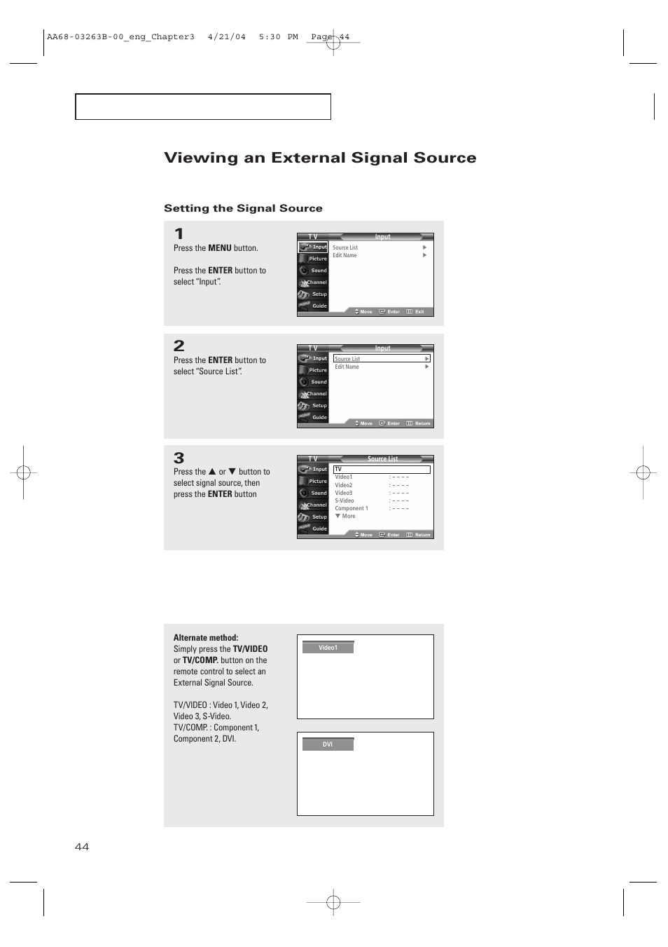 Viewing an external signal source, Setting the signal source | Samsung TXP2675WHX-XAA User Manual | Page 44 / 80