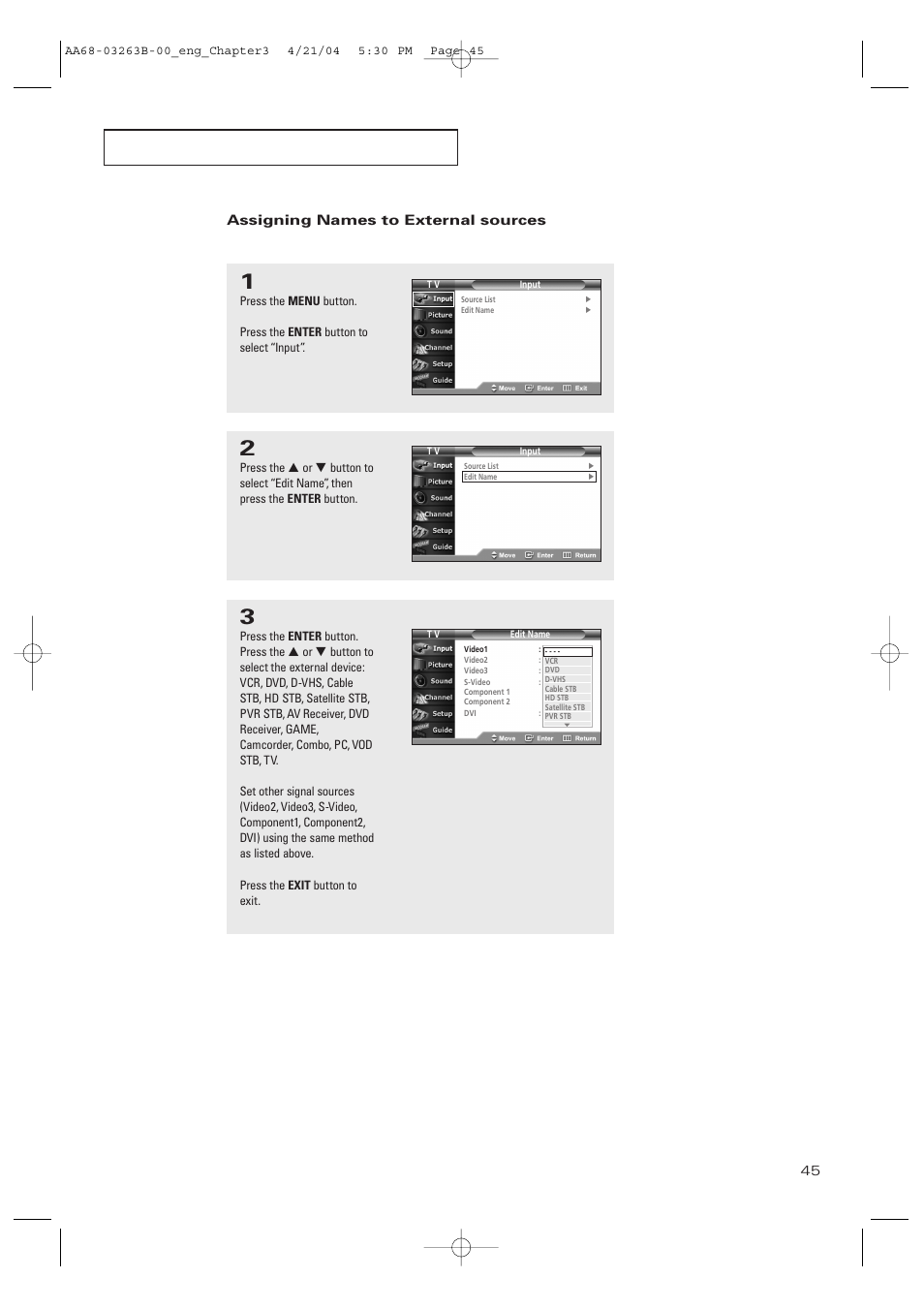 Assigning names to external sources | Samsung TXP2675WHX-XAA User Manual | Page 45 / 80