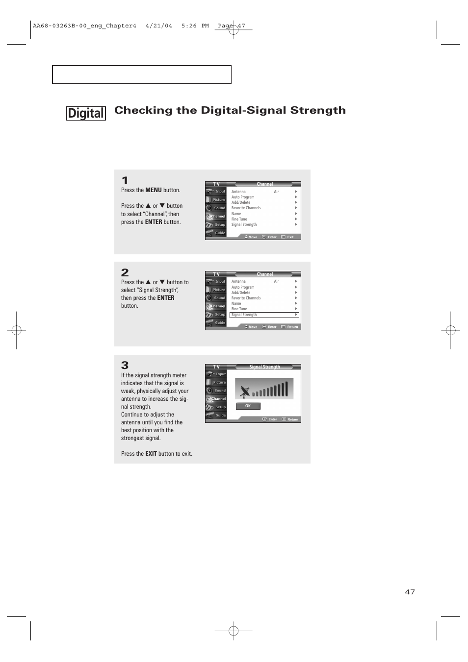 Checking the digital-signal strength, Digital | Samsung TXP2675WHX-XAA User Manual | Page 47 / 80