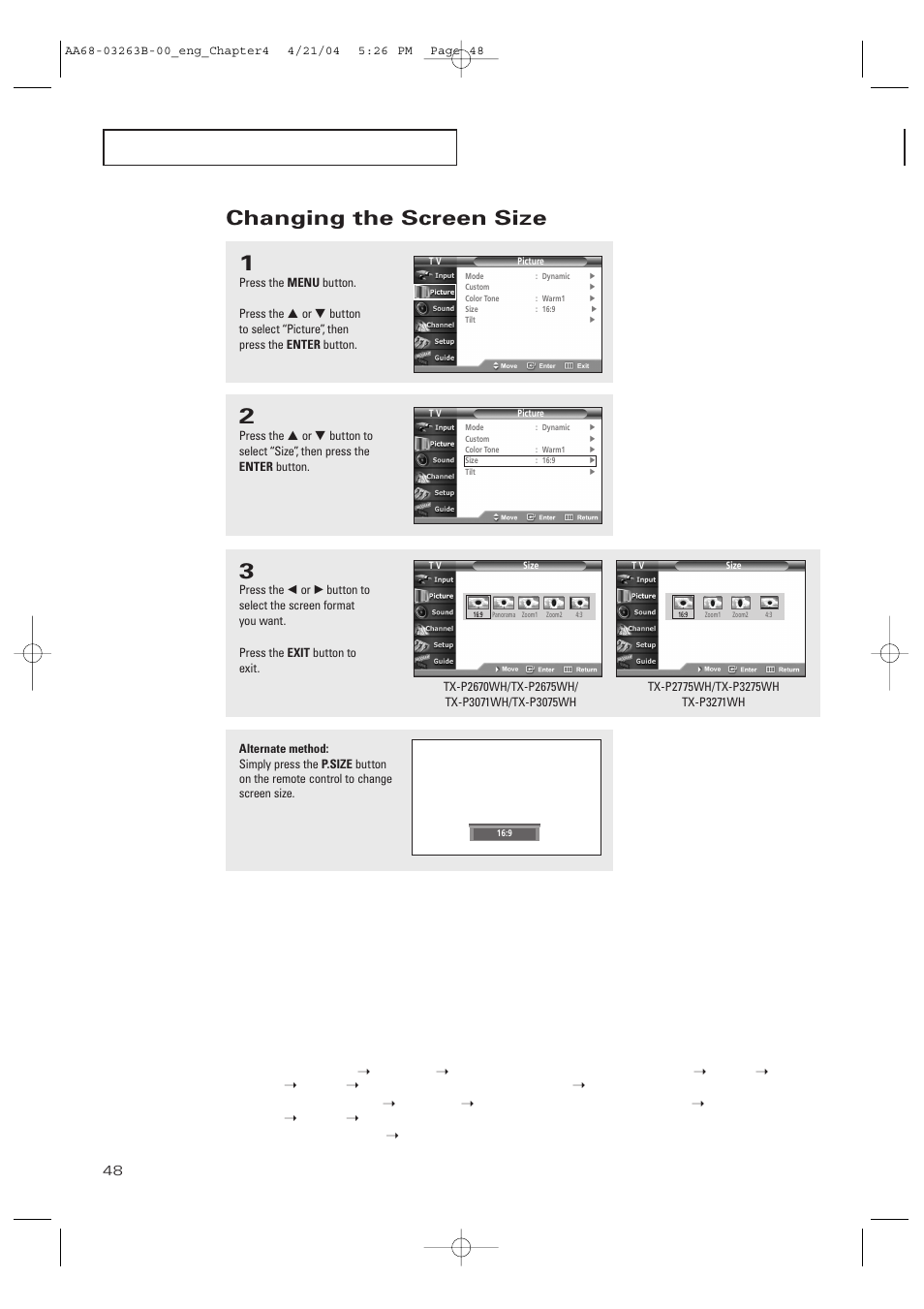 Changing the screen size | Samsung TXP2675WHX-XAA User Manual | Page 48 / 80