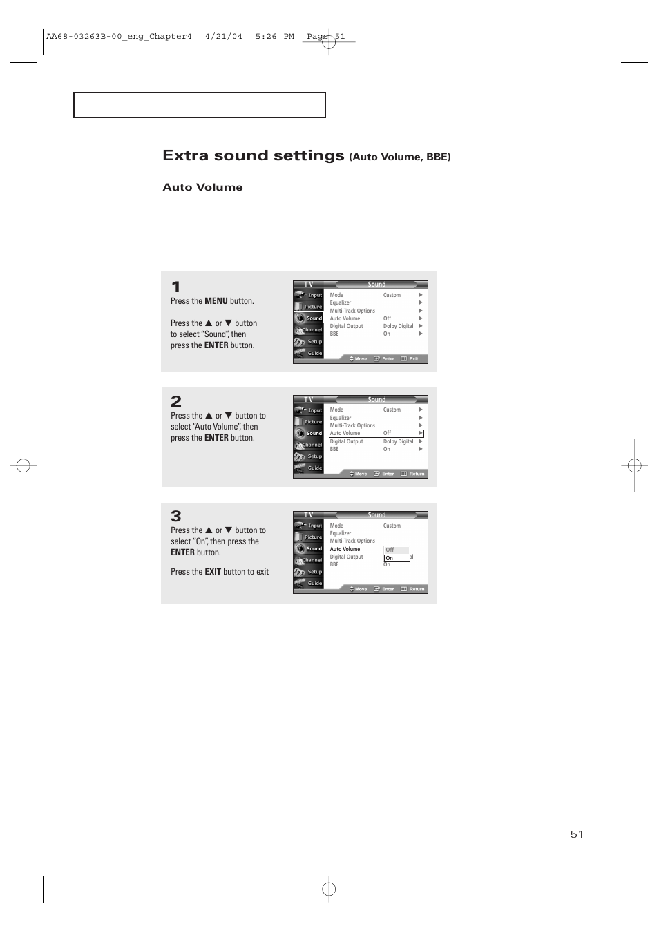 Extra sound settings (auto volume, bbe), Auto volume, Extra sound settings | Auto volume, bbe) auto volume | Samsung TXP2675WHX-XAA User Manual | Page 51 / 80