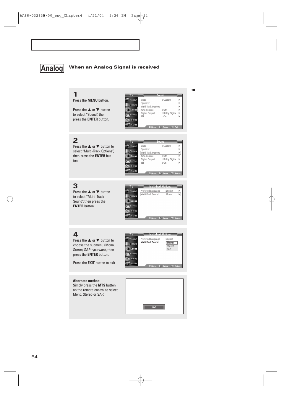 When an analog signal is received, Analog | Samsung TXP2675WHX-XAA User Manual | Page 54 / 80