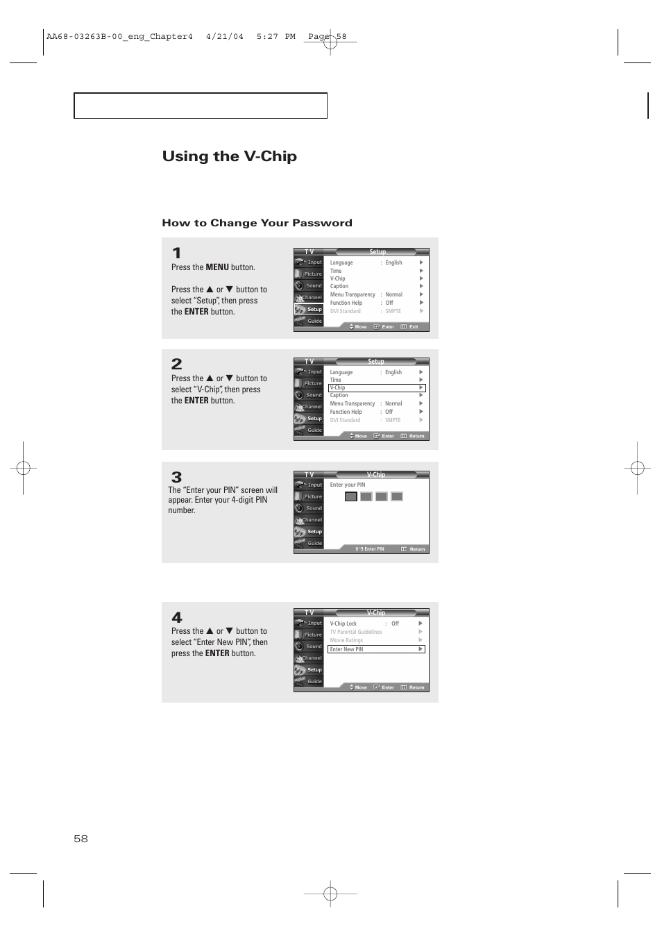 Using the v-chip (usa), How to change your password, Using the v-chip | Samsung TXP2675WHX-XAA User Manual | Page 58 / 80