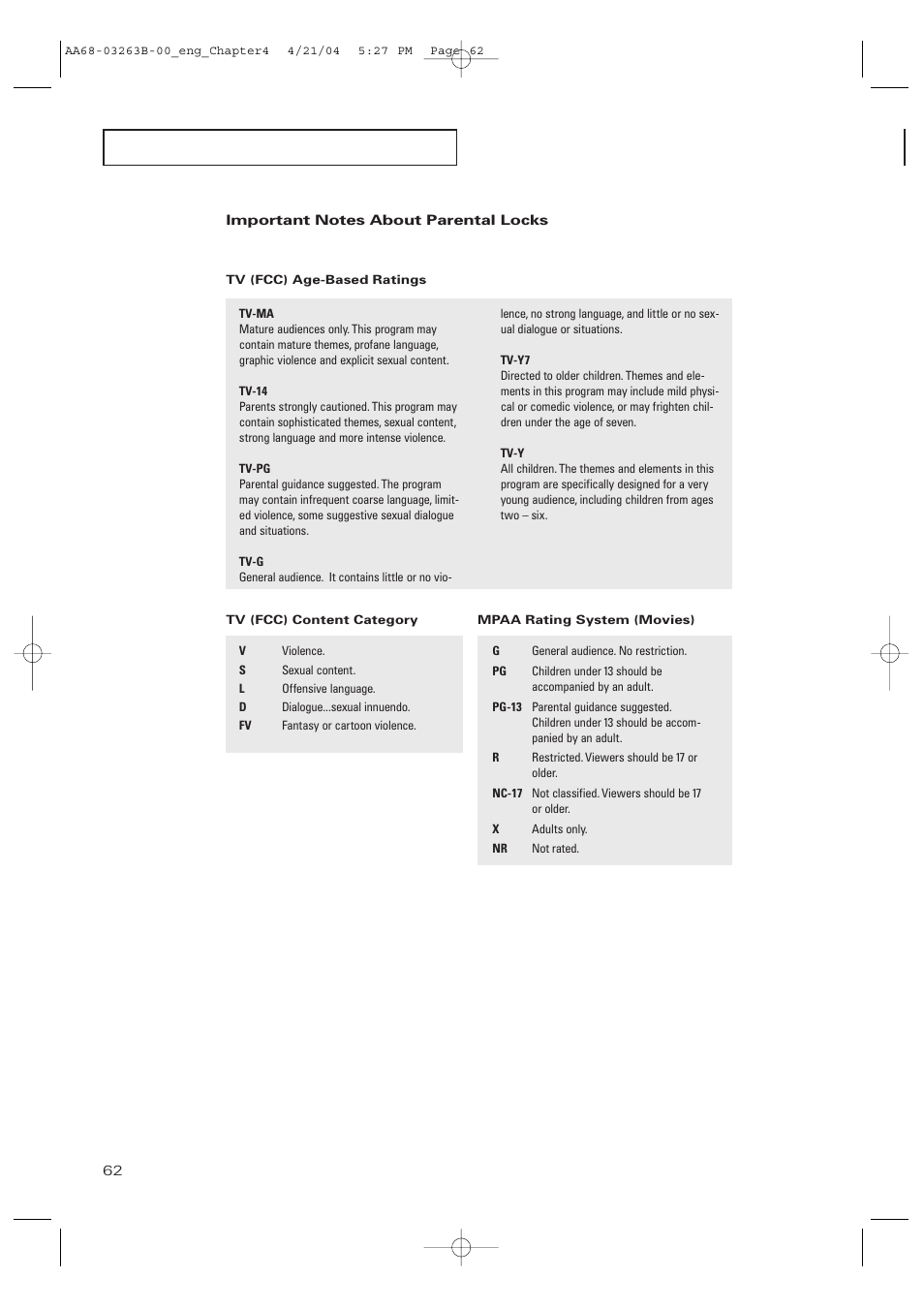 Important notes about parental locks | Samsung TXP2675WHX-XAA User Manual | Page 62 / 80