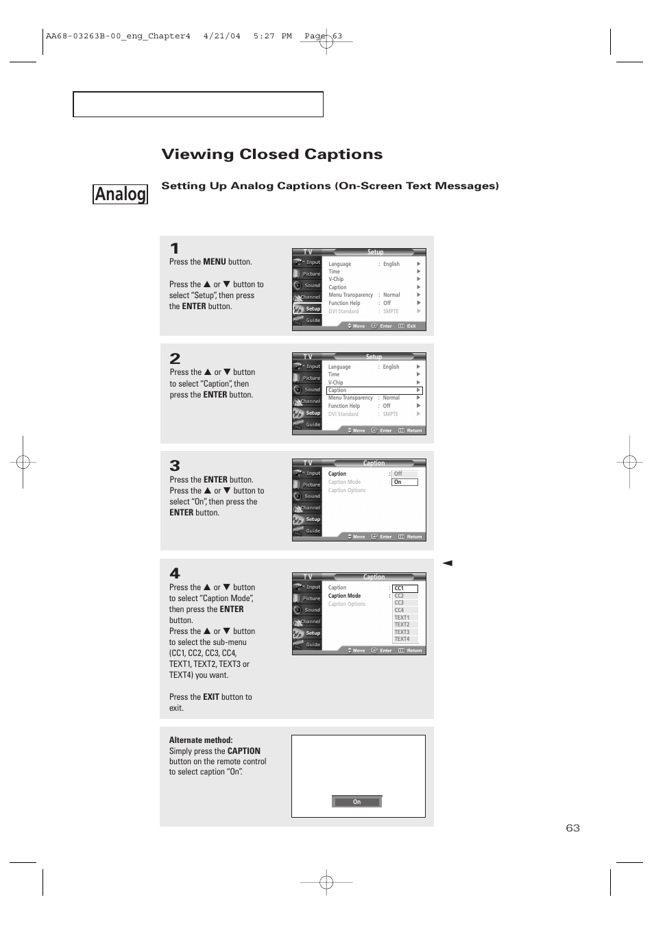 Viewing closed captions, Analog | Samsung TXP2675WHX-XAA User Manual | Page 63 / 80