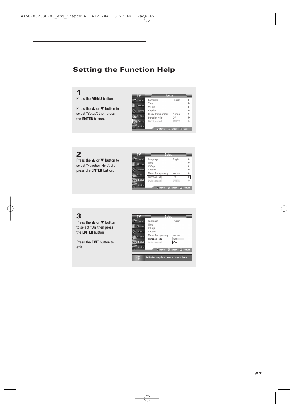Setting the function help, Displays help on the menu functions | Samsung TXP2675WHX-XAA User Manual | Page 67 / 80